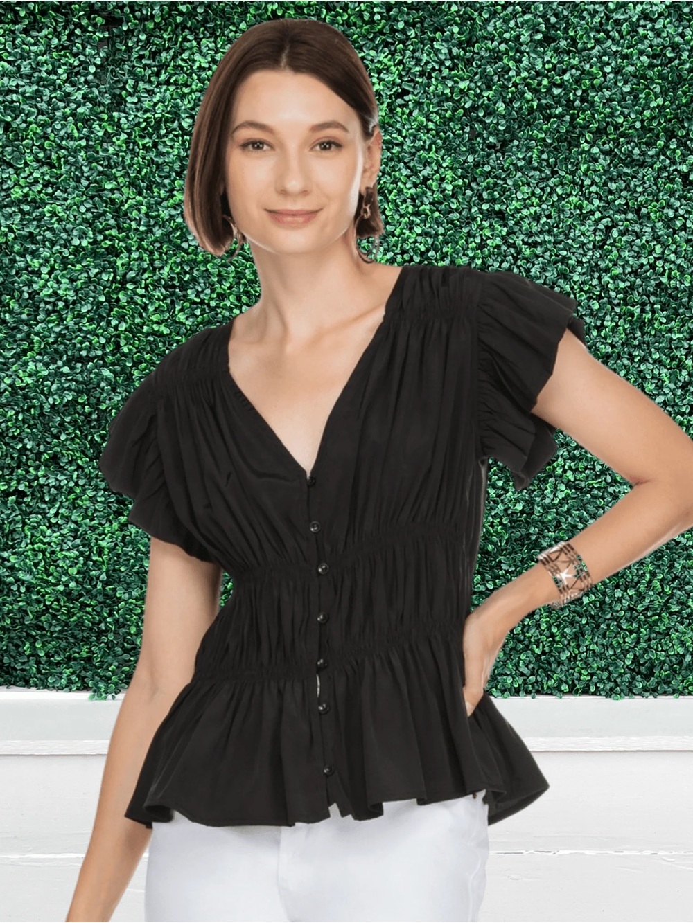 Joy Joy Black Button-Front Flutter Peplum Blouse